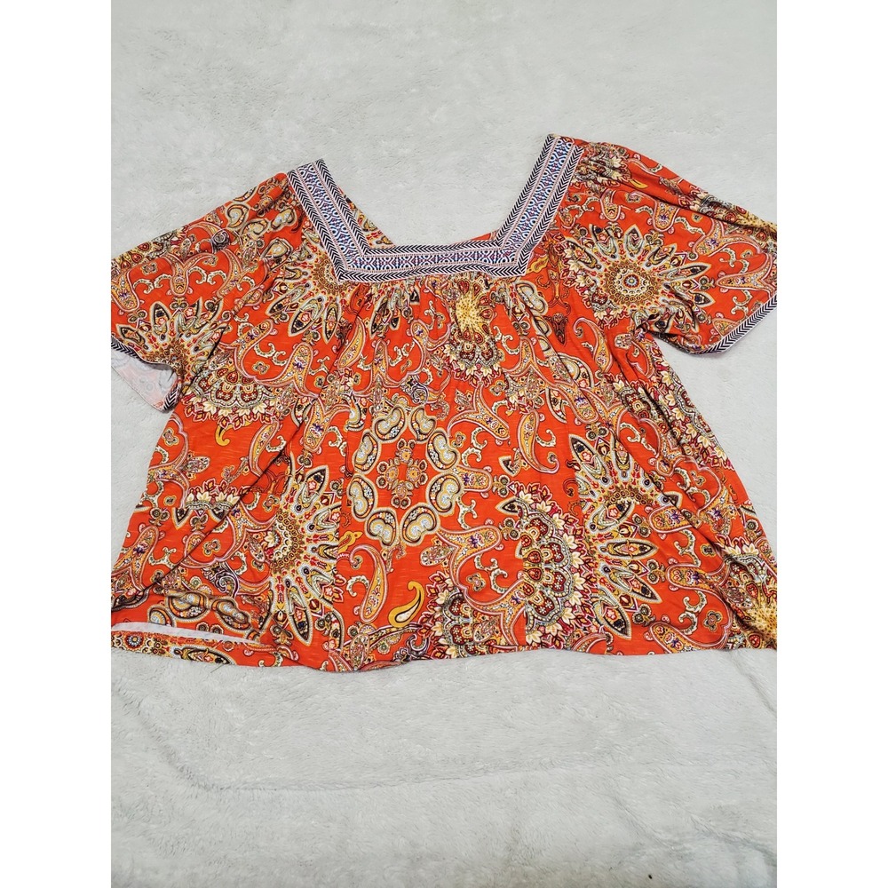 NWT Cato Orange Bohemian Paisley Short Sleeve Blouse Top XL Casual Boho Festival
